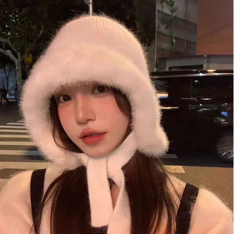 2025新款绑带毛绒加厚针织帽女秋冬帽子户外保暖雷锋帽包头护耳帽