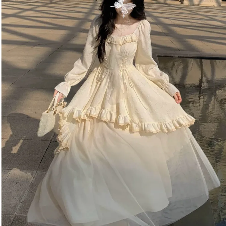  6916 大码水彩白栀气质仙女裙系带提花网纱拼接不规则大摆连衣裙