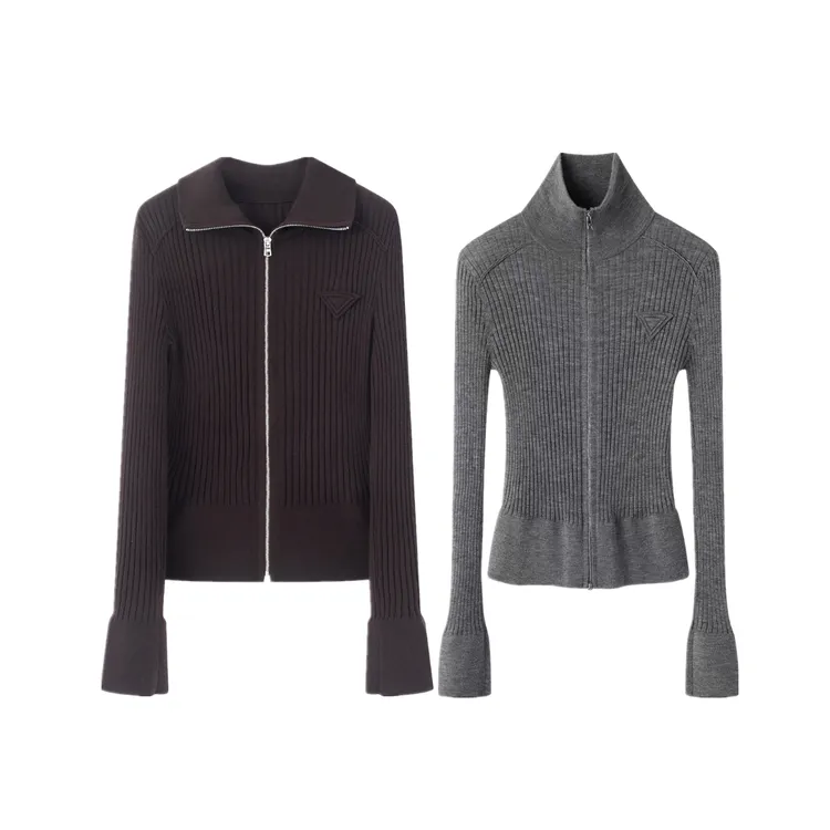 〖艾家〗2025秋时尚百搭修身显瘦棕色翻领拉链针织开衫女=AR803115