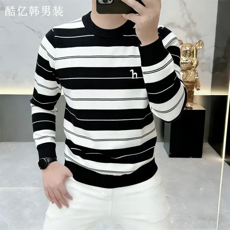 欧货轻奢高品质秋冬款长袖毛衣条纹男士休闲圆领针织衫打底25066