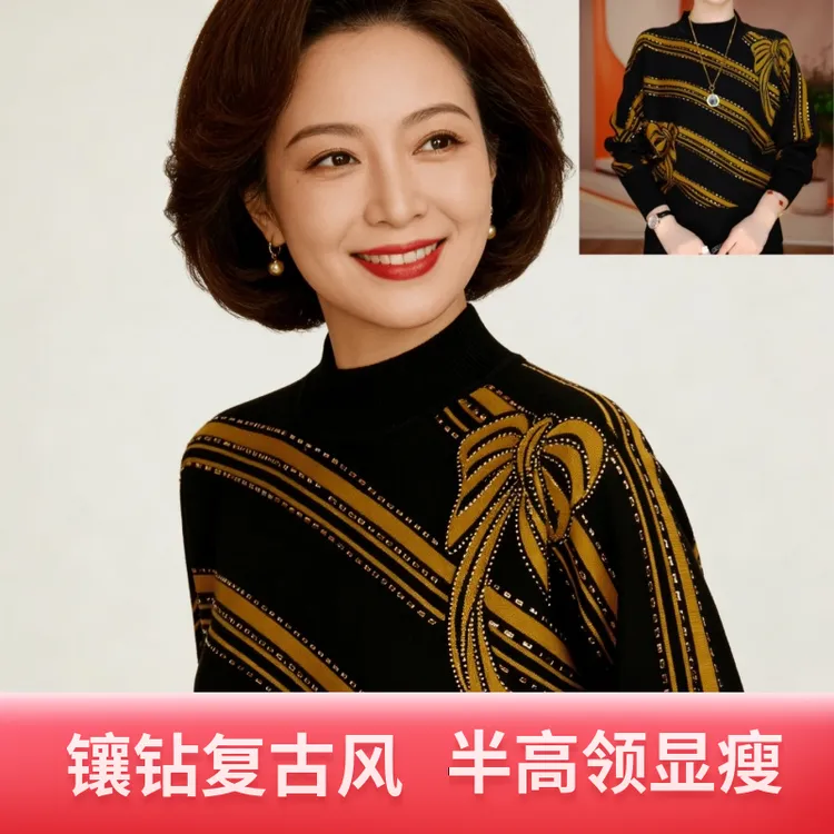 秋季时尚黄蝴蝶镶钻印花圆领印染修身型衬衫半高领女装上衣绒衫