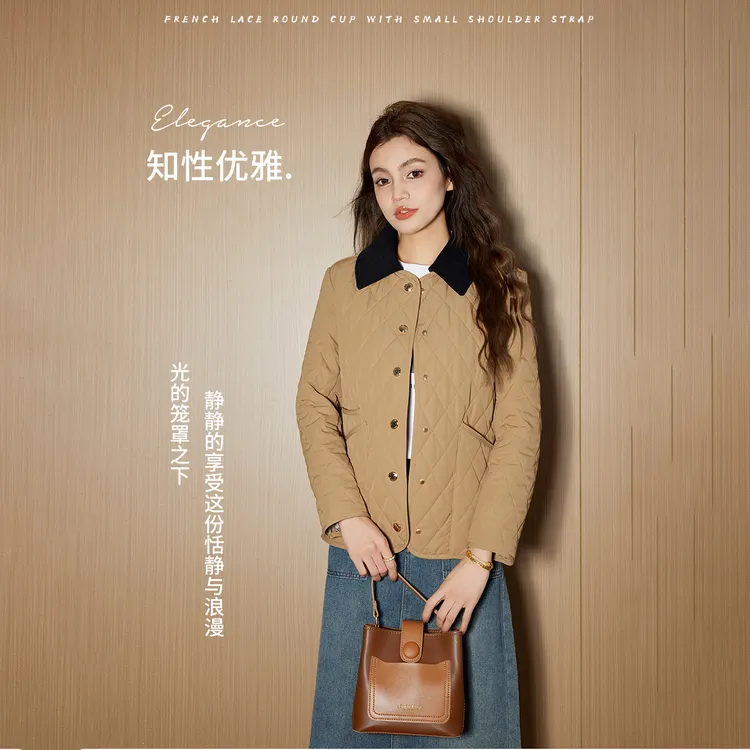 早秋时尚百搭复古气质高定菱形格修身羊毛棉服MY2382