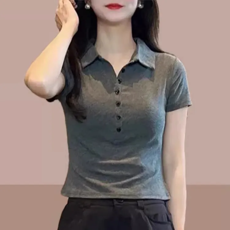 2025夏季新款女士时尚宽松翻领短袖T恤减龄显瘦百搭polo衫上衣服