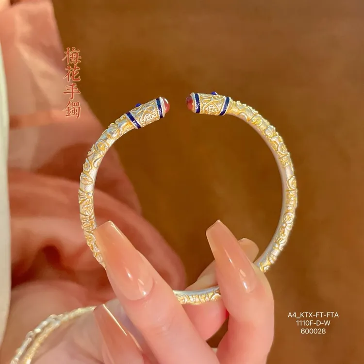 足银珐琅手镯 银999珐琅彩吉言描金手镯开口实心镯子情人节女友  