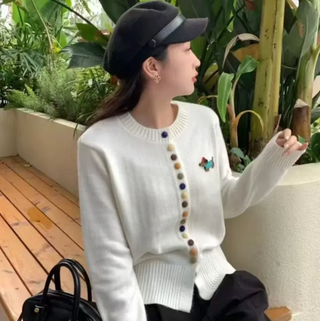 （9963）大码女装小香风彩色纽扣圆领毛衣外套女宽松慵懒秋冬针织衫