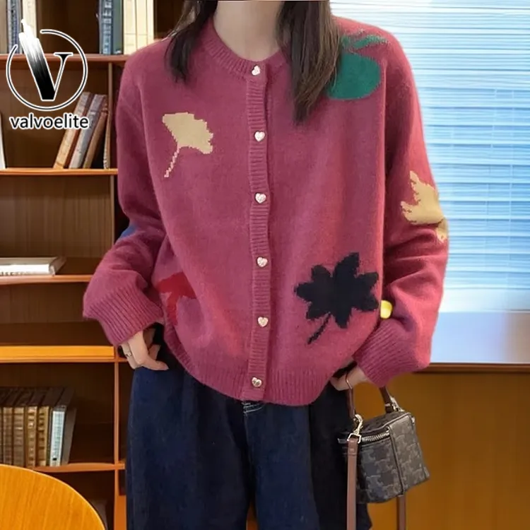 VALVOELITE新款高级时尚外套上衣提花针织开衫洋气减龄毛衣女秋冬