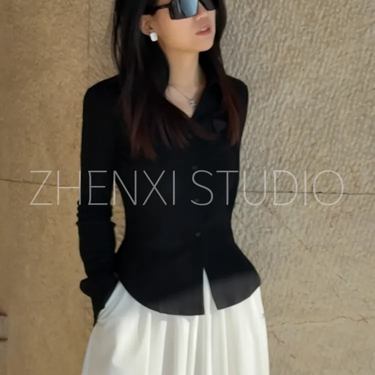 针西【缪斯polo】高个子穿搭加长气质显瘦时尚设计感修身衬衫S70257