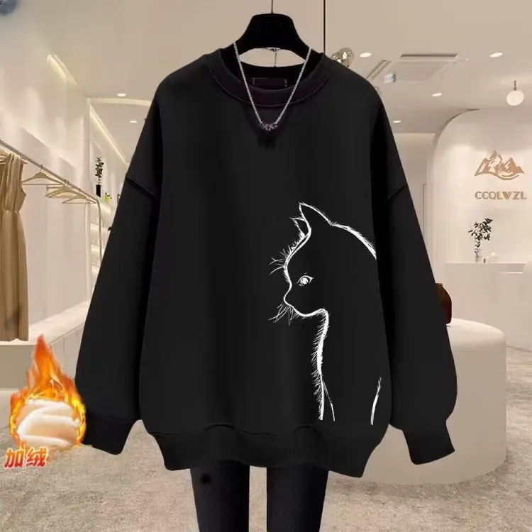 大码300斤小猫印花韩系小众圆领卫衣男女秋冬加绒慵懒风套头上衣