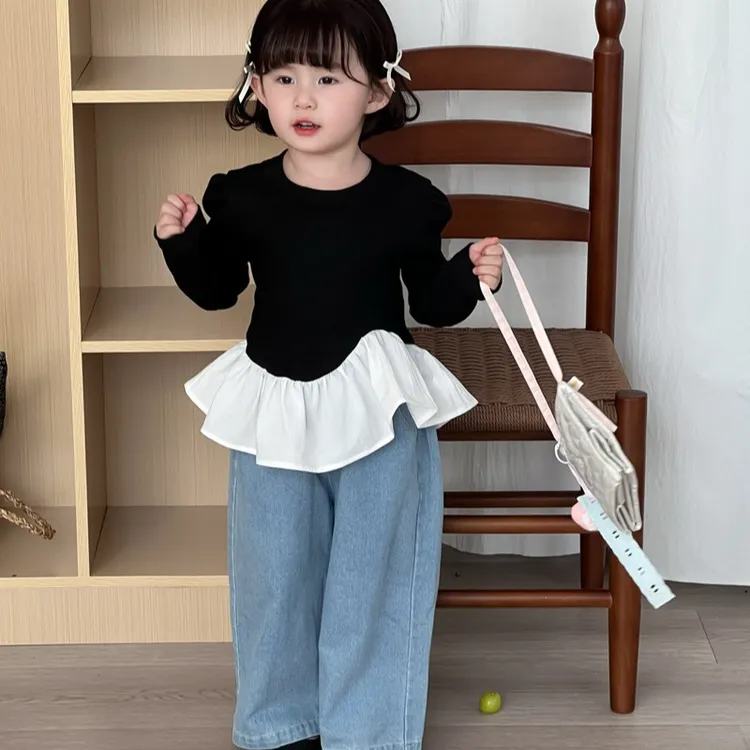 2025春季新款童装韩版女童不规则长袖T恤女童洋气拼接裙摆打底衫