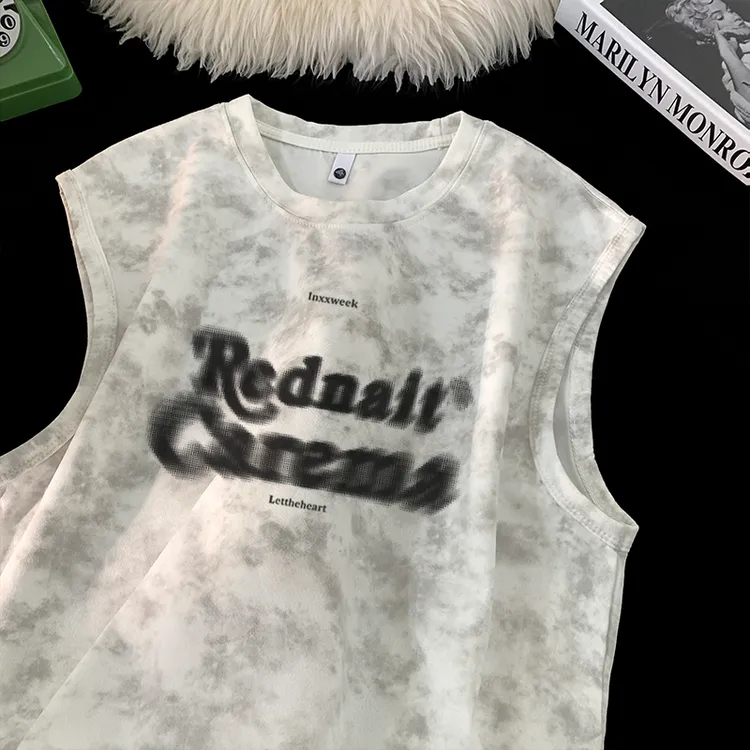 夏季新款扎染背心男生百搭潮流无袖T恤重磅麂皮绒体恤男t恤短袖