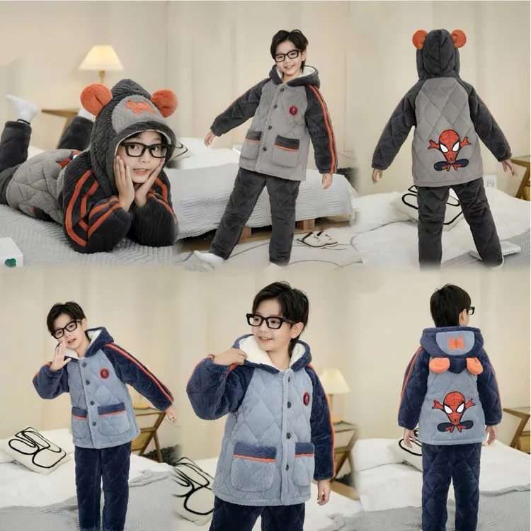 冬季蜘蛛侠新款胸前闪灯三层加棉加厚家居服套装1622-2622儿童