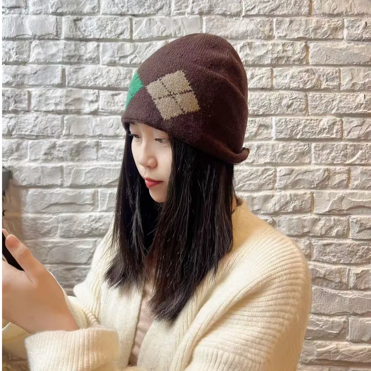 YM002风菱形格子针织帽秋冬季复古百搭显脸小保暖护耳防寒冷帽