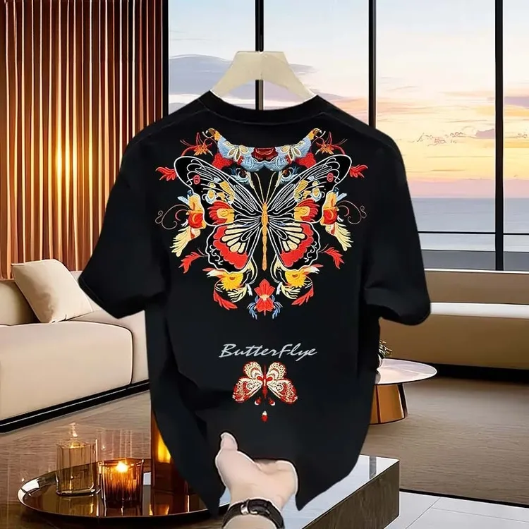 国潮气质感蝴蝶创意图案宽松百搭圆领男士百搭上衣重磅纯棉短袖男