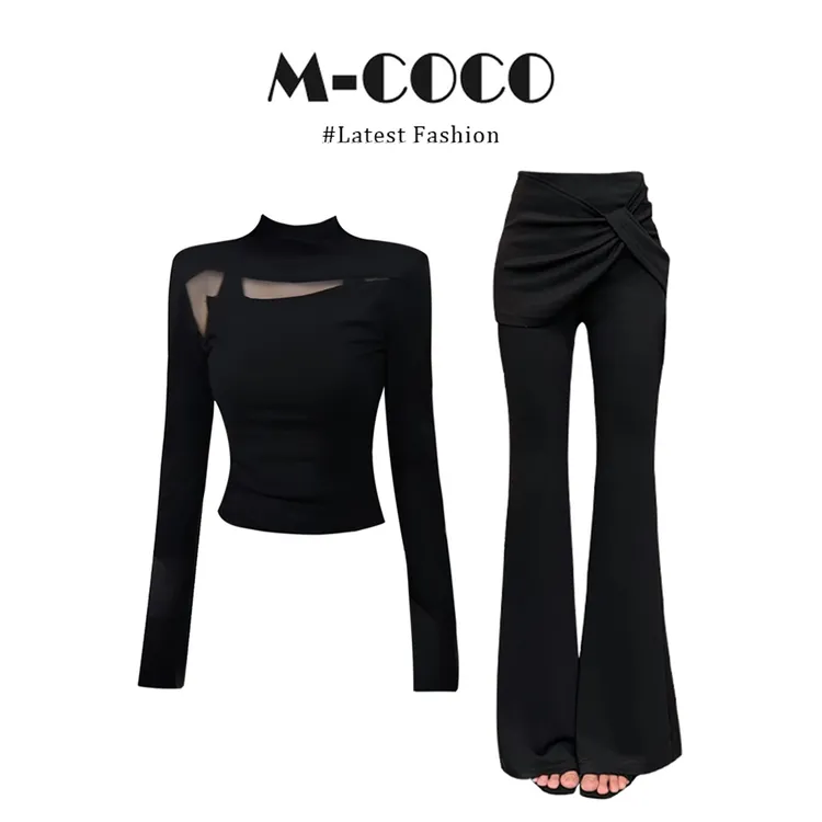 MARIE.COCO半高领网纱拼接长袖打底T恤女早秋新款百搭休闲裤套装