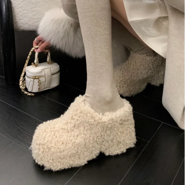 啄木鸟8.5cm毛毛鞋女秋冬季加绒棉鞋高跟外穿半拖增高女鞋小个子