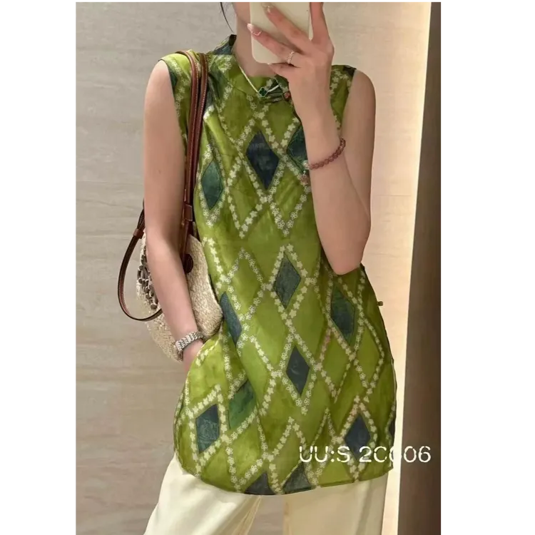 2025新款气质新中式风绿色菱格马甲背心女装