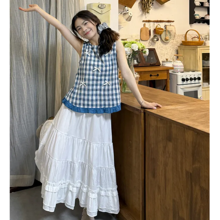 胖MM夏季多巴胺穿搭一整套甜美减龄格子花边上衣小清新半身裙套装