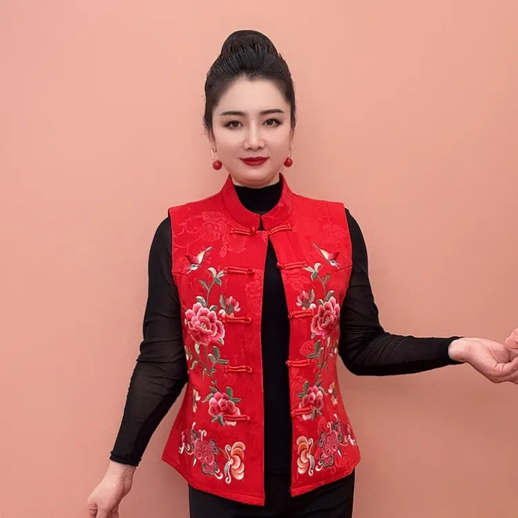 马甲短款春秋冬国潮中式盘口刺绣洋气背心女装民族风复古开衫坎肩