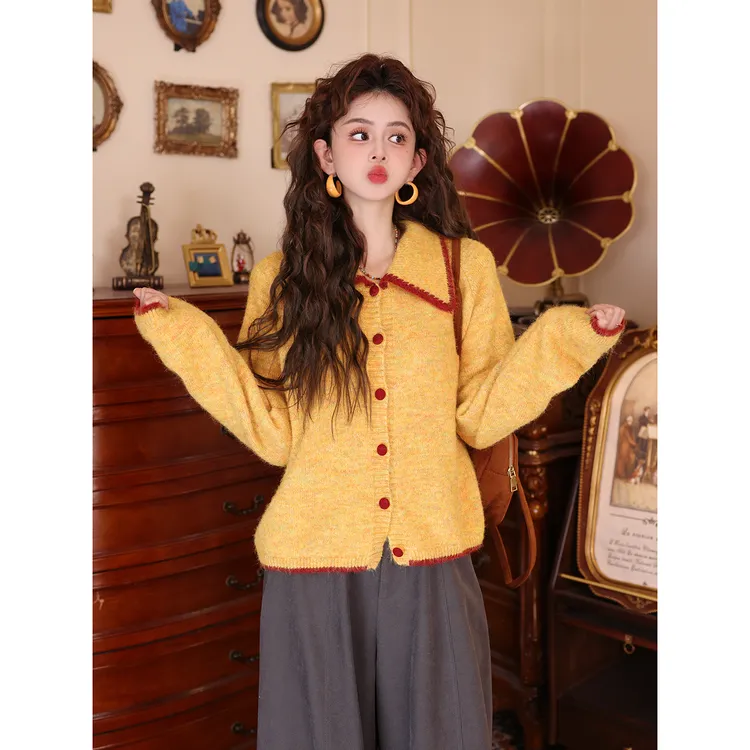 法式娃娃领撞色毛衣开衫女秋冬季针织外套慵懒风宽松百搭长袖上衣