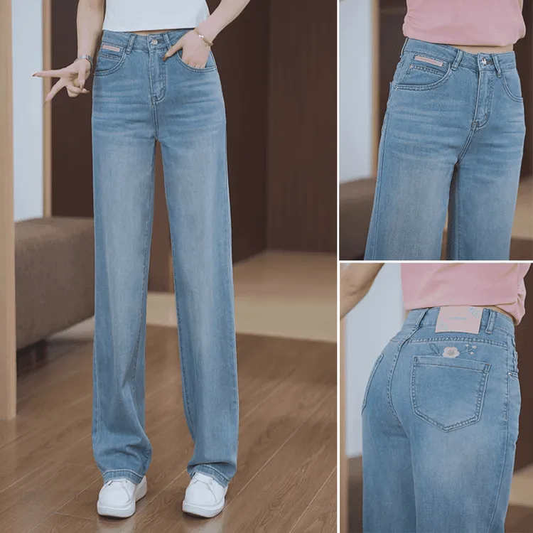 垂感牛仔裤裤子春夏新款窄版直筒裤显瘦高腰阔腿裤国风绣花长裤女
