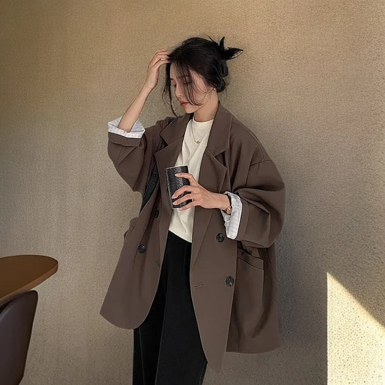 网红高级感炸街设计感小众咖色西装外套春秋韩版宽松中长款