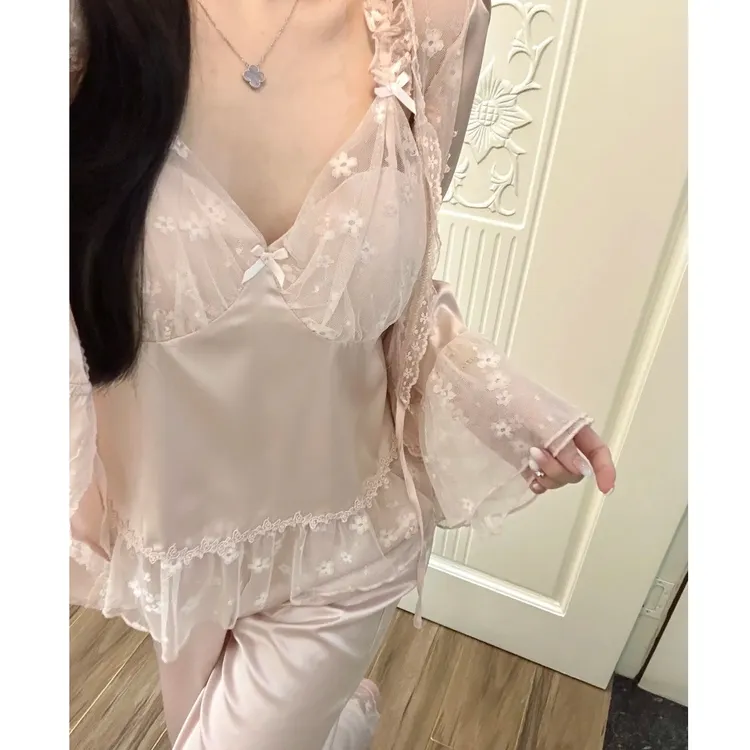 【纯欲三件套】时尚性感蕾丝花边冰丝睡衣女春秋季休闲可外穿家居服