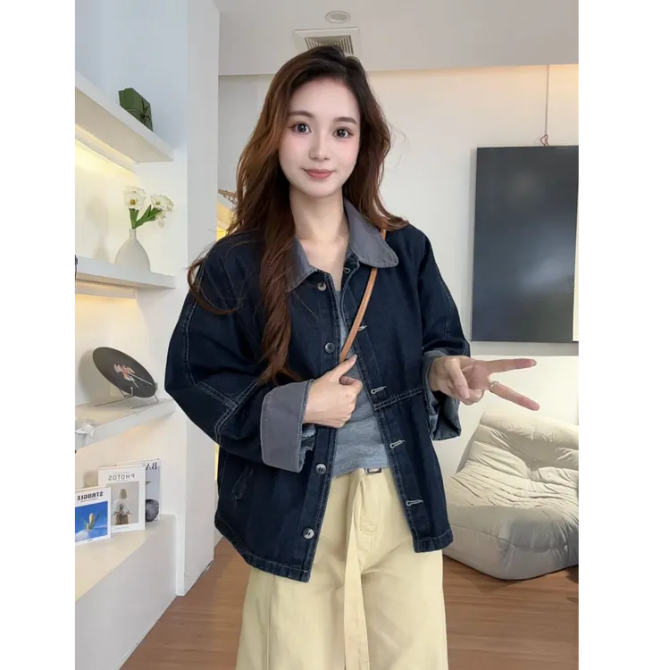 复古拼接水洗牛仔外套女翻领2025秋季新款韩系宽松休闲夹克上衣女