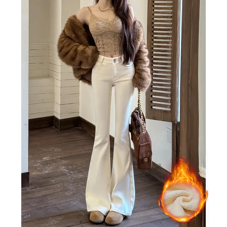 纯欲韩女加绒微喇牛仔裤女2025冬季新款双扣高腰显瘦提臀百搭长裤