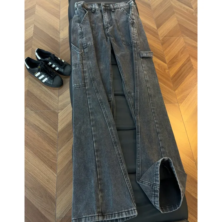 美式复古拼接水洗牛仔裤男款vibe高街做旧工装裤斜切弯刀休闲长裤