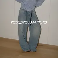 KIOKWANG//不规则结构设计 抽绳调节复古水洗直筒宽松阔腿牛仔裤