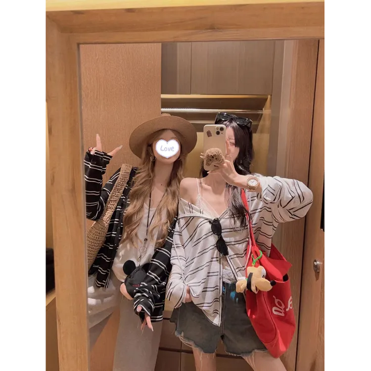 莱赛尔时尚条纹连帽开衫防晒薄款女夏季2025新款宽松休闲显瘦上衣