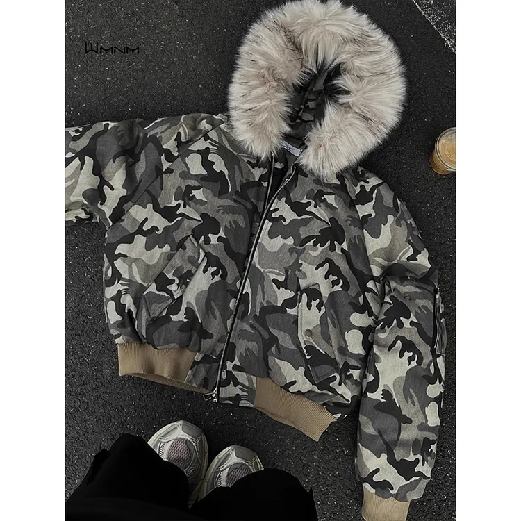 座山雕毛领迷彩保暖加厚外套男士冬棉衣棉服宽松潮流加绒飞行夹克