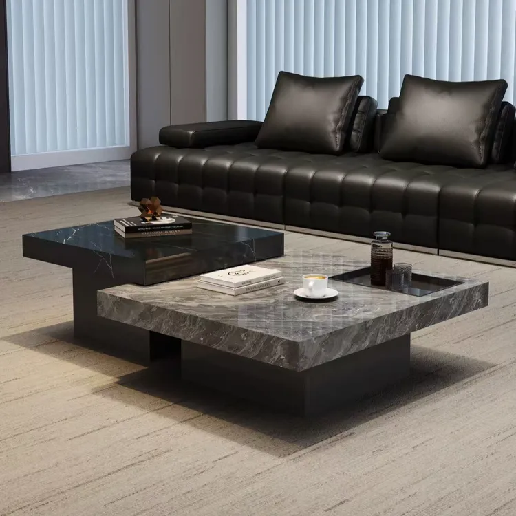 意式极简现代岩板高低方茶几组合高端客厅家用不锈钢正方形