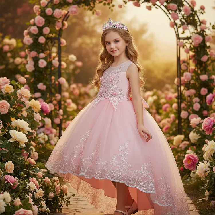 欧美风礼服女童夏季礼服花童女童蕾丝拖尾礼服裙儿童演出服公主裙