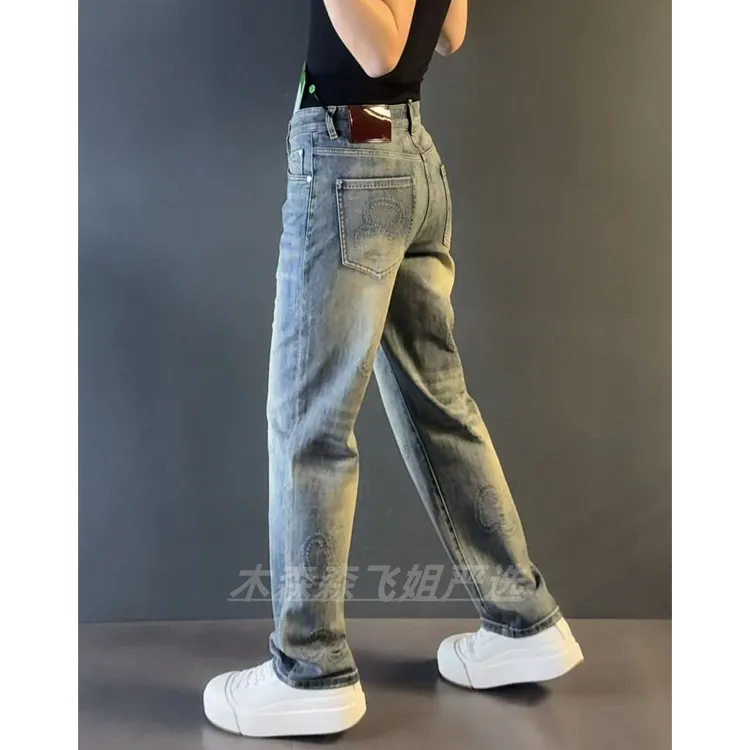 男士个性直筒微阔牛仔裤FJ0001早秋款复古刮烂花微阔直筒牛仔裤