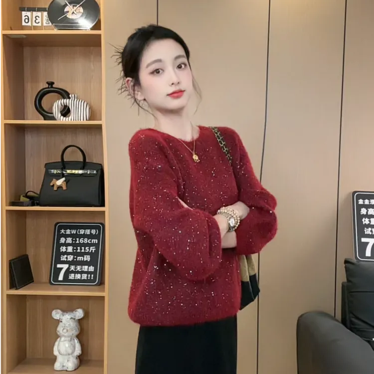 重工亮片圆领套头毛衣女2025秋冬新款宽松软糯短款针织打底上衣