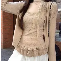 甜美卡其色长袖开衫外套女秋季温柔荷叶边波点吊带上衣套装35557
