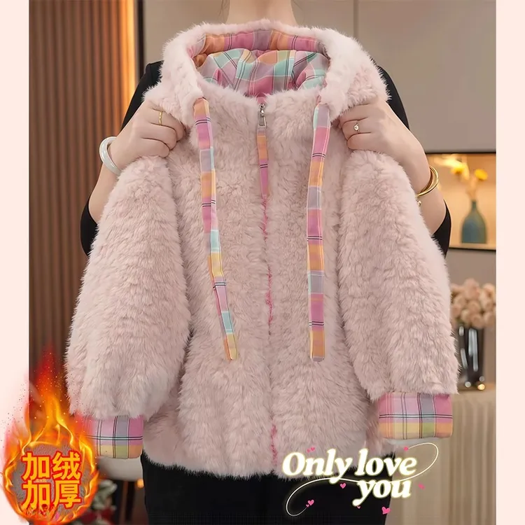 女童外套加绒毛毛衣2025新款秋冬加厚羊羔毛托斯卡纳毛大衣拼格子