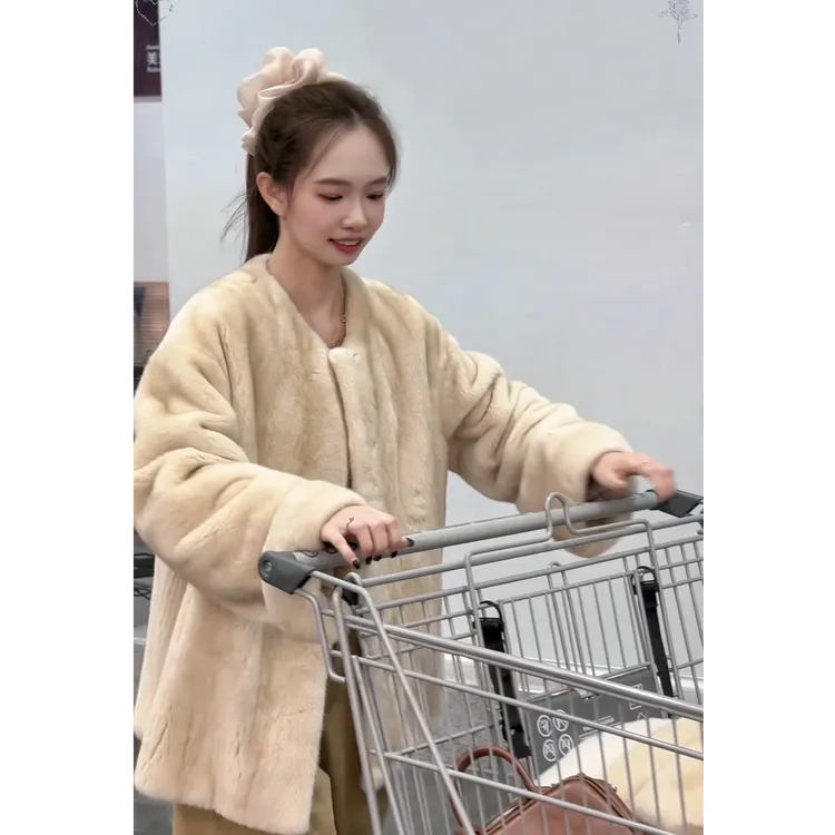 【林鹿儿】新款圆领挽袖天鹅绒轻奢短款气质休闲水貂中长款冬季皮草