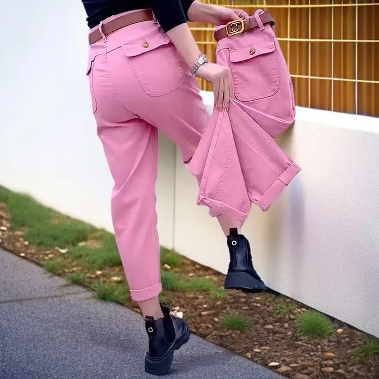 2025纯色早春新款弹力休闲裤宽松高腰工装裤显瘦弯刀牛仔老爹裤