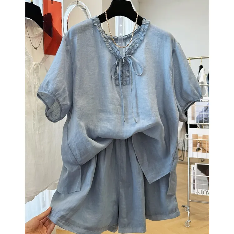 巨好看的夏装一整套韩里韩气两件套清纯系松弛感苎麻套装女夏季薄
