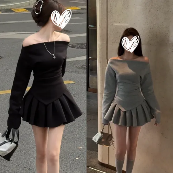 2025春季新款纯欲辣妹一字肩收腰卫衣时尚百褶修身半身裙套装女