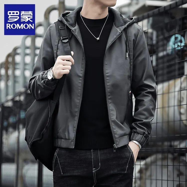 Romon/罗蒙新品上衣皮夹克男士皮衣秋冬时尚外套韩版休闲潮流连帽