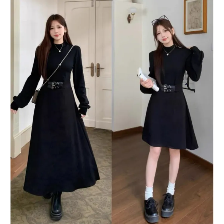 大码赫本风连衣裙女2025新款秋季时尚气质小黑裙胖MM显瘦收腰裙子