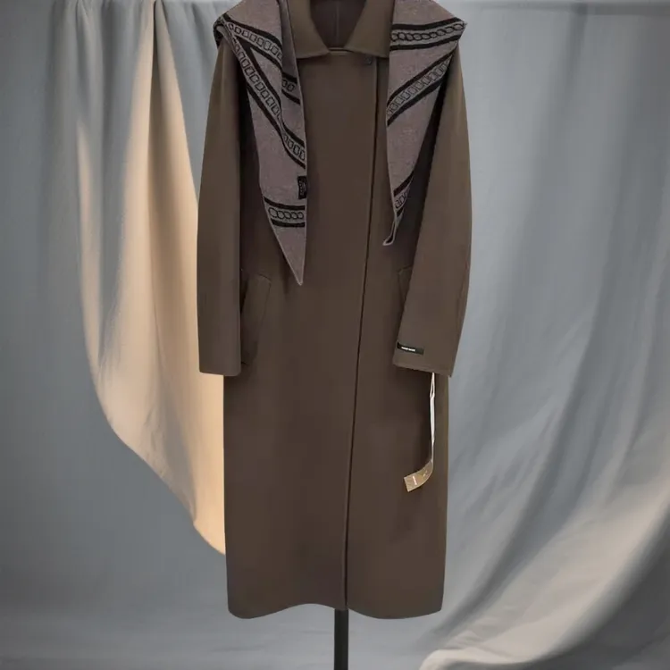 高端定制条纹印花披肩系带双面绒中长款大衣来双十一解锁秋冬穿搭