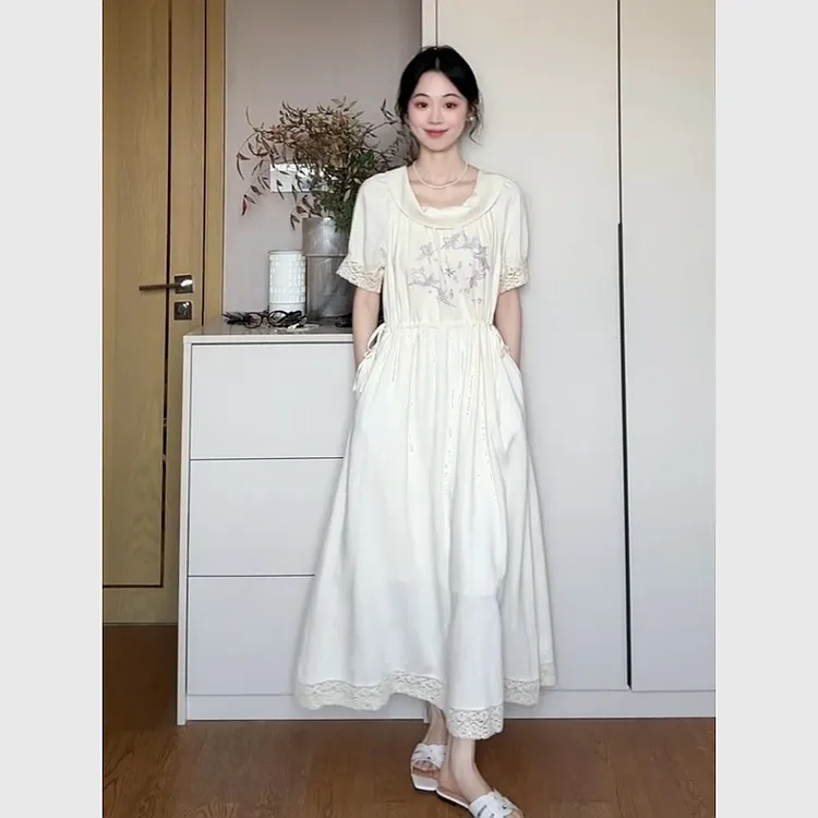 夏日绝美小裙子大方得体温柔气质高级感大码白色印花翻领连衣裙女