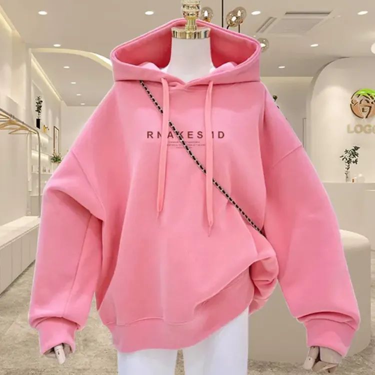 粉色连帽卫衣女2025秋冬新款字母印花慵懒风大码宽松上衣外套加绒