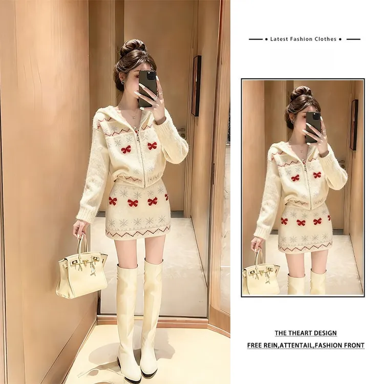 韩系秋冬chic针织套装女2025新款圣诞风针织上衣减龄半身裙两件套