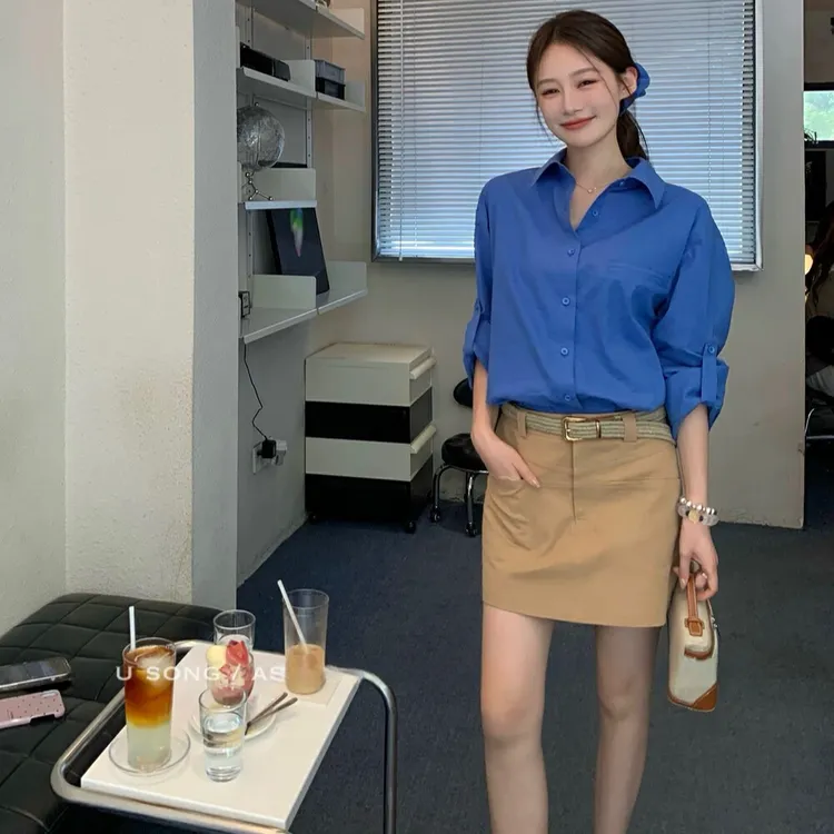 卡普里日落苎麻天丝防晒衬衫+设计感a字半裙套装(配腰带,发圈)