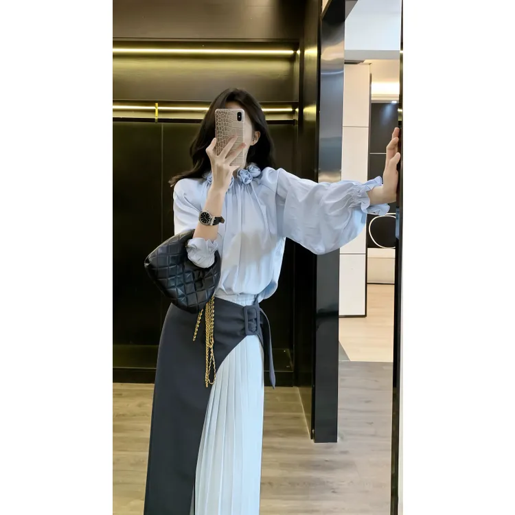 法式设计感气质宽松休闲长袖衬衣秋冬新款高腰拼接百褶半身裙套装